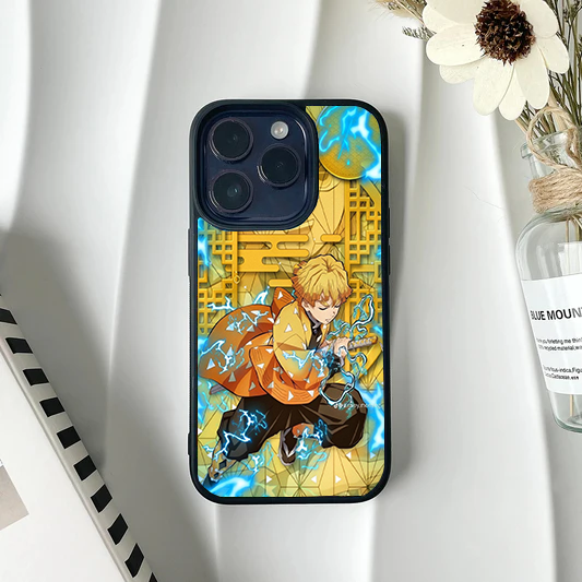 Zenitsu Agatsuma from Demon Slayer in a combat stance with blue lightning against a gold geometric background on a metal phone case.